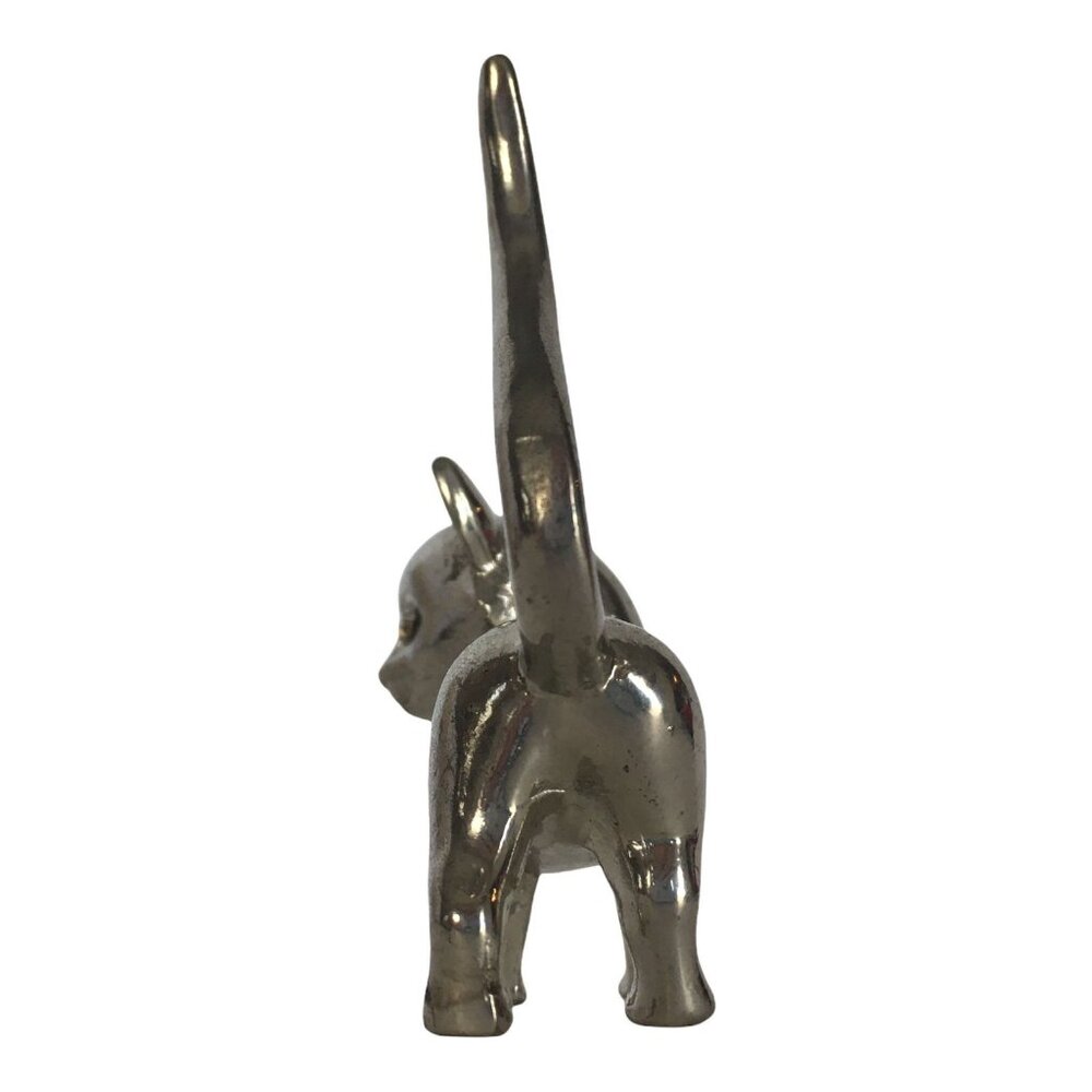 Vintage Cat Ring Holder Jewelry Display Silver Color Rhinestone Eyes Figurine - Picture 3 of 8